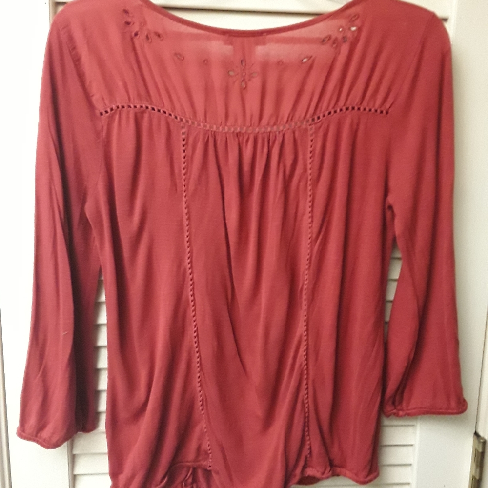 Orange Rust Eyelet Peasant Boho Top M Lucky - image 5